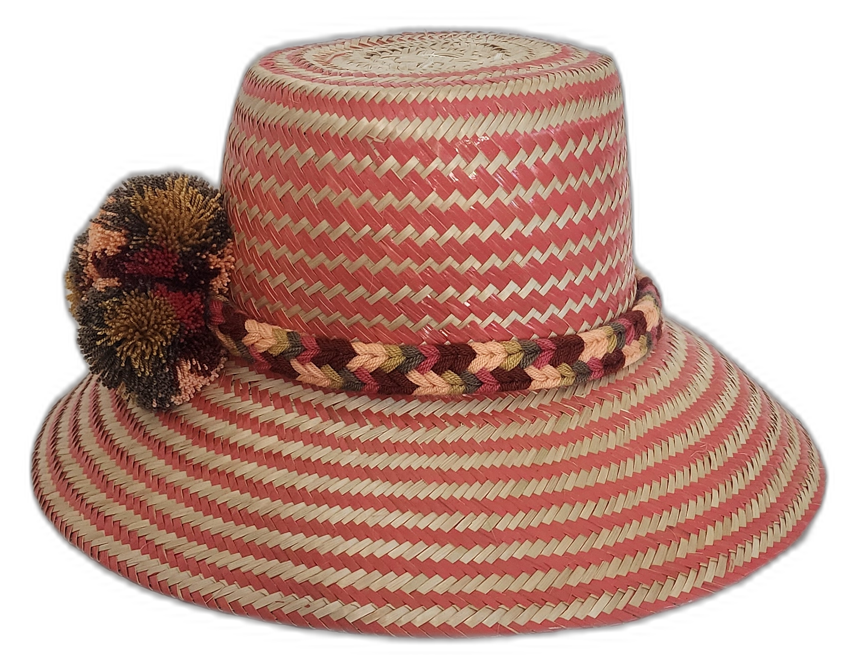 Bohemian Wayuu Hat crafted from Iraca palm, showcasing vibrant colors and cultural pompoms.