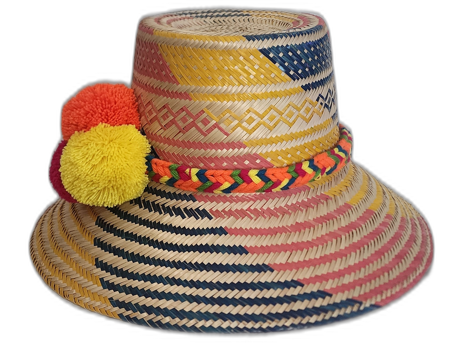 Artisan-crafted straw hat by Wayuu people, with a colorful geometric weave and vivid handmade pompoms.