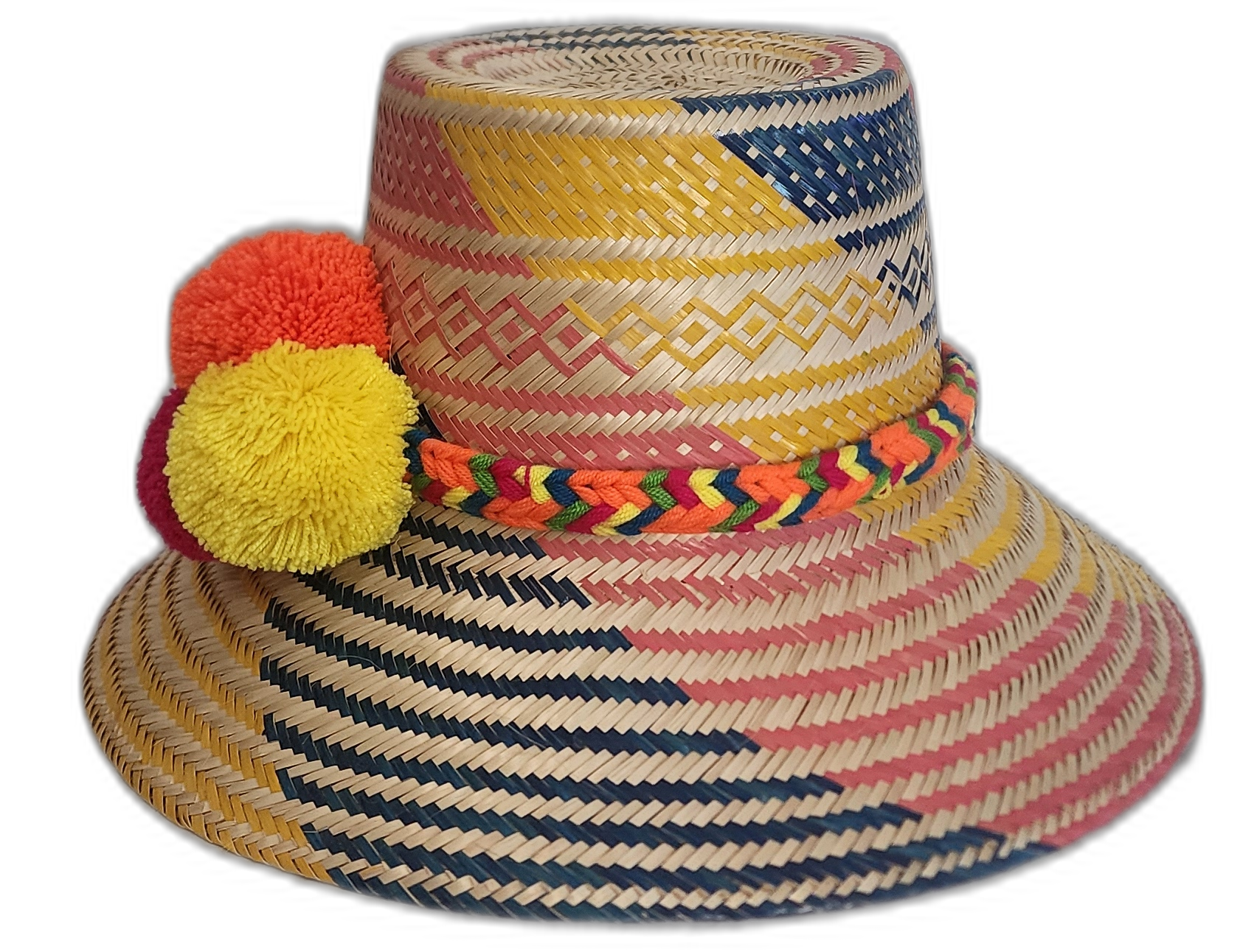 Artisan-crafted straw hat by Wayuu people, with a colorful geometric weave and vivid handmade pompoms.