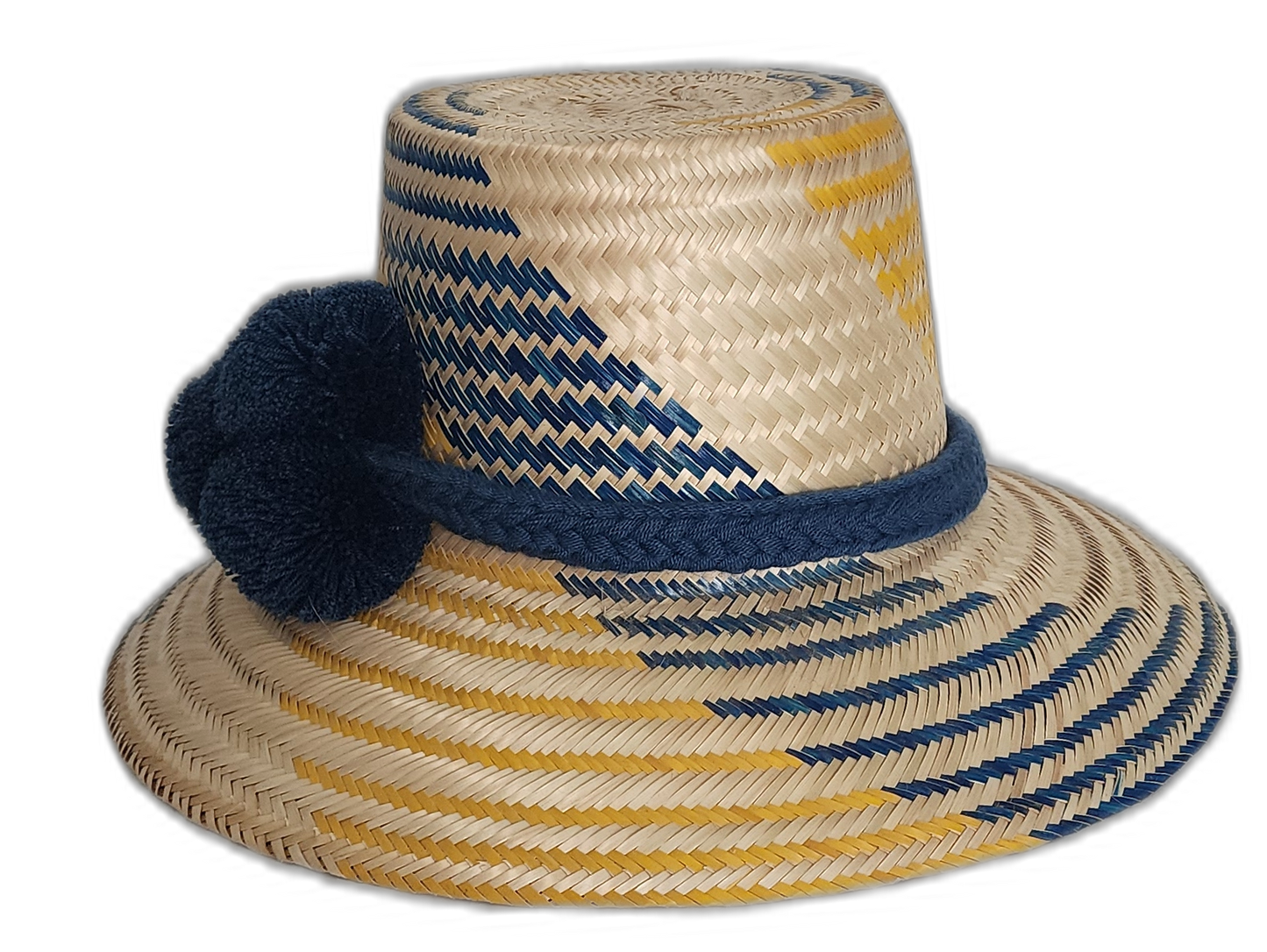 Artisan straw hat featuring yellow and blue weave with dark blue trim