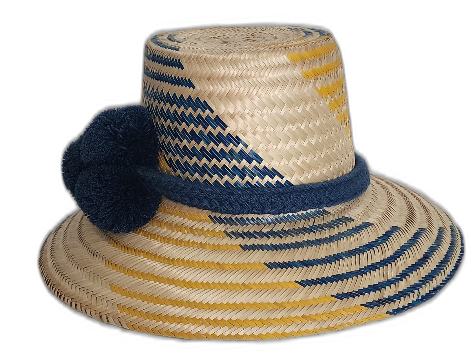 Artisan straw hat featuring yellow and blue weave with dark blue trim