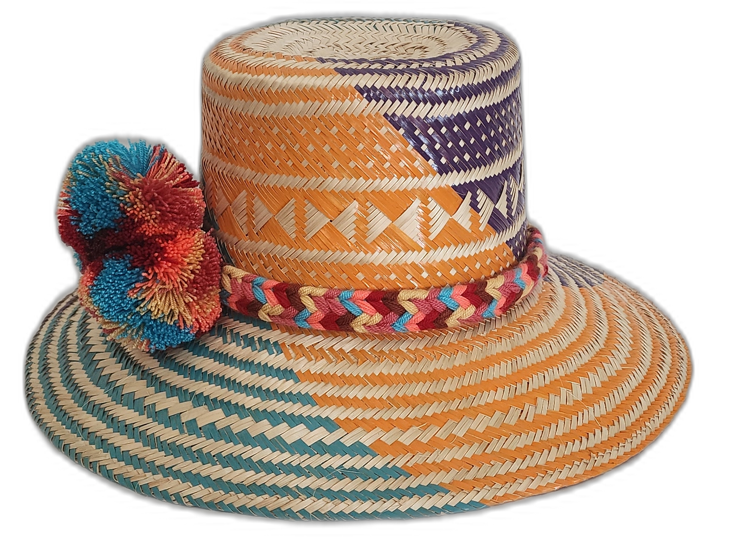 Boho hat featuring bright pompoms in red, blue, and orange