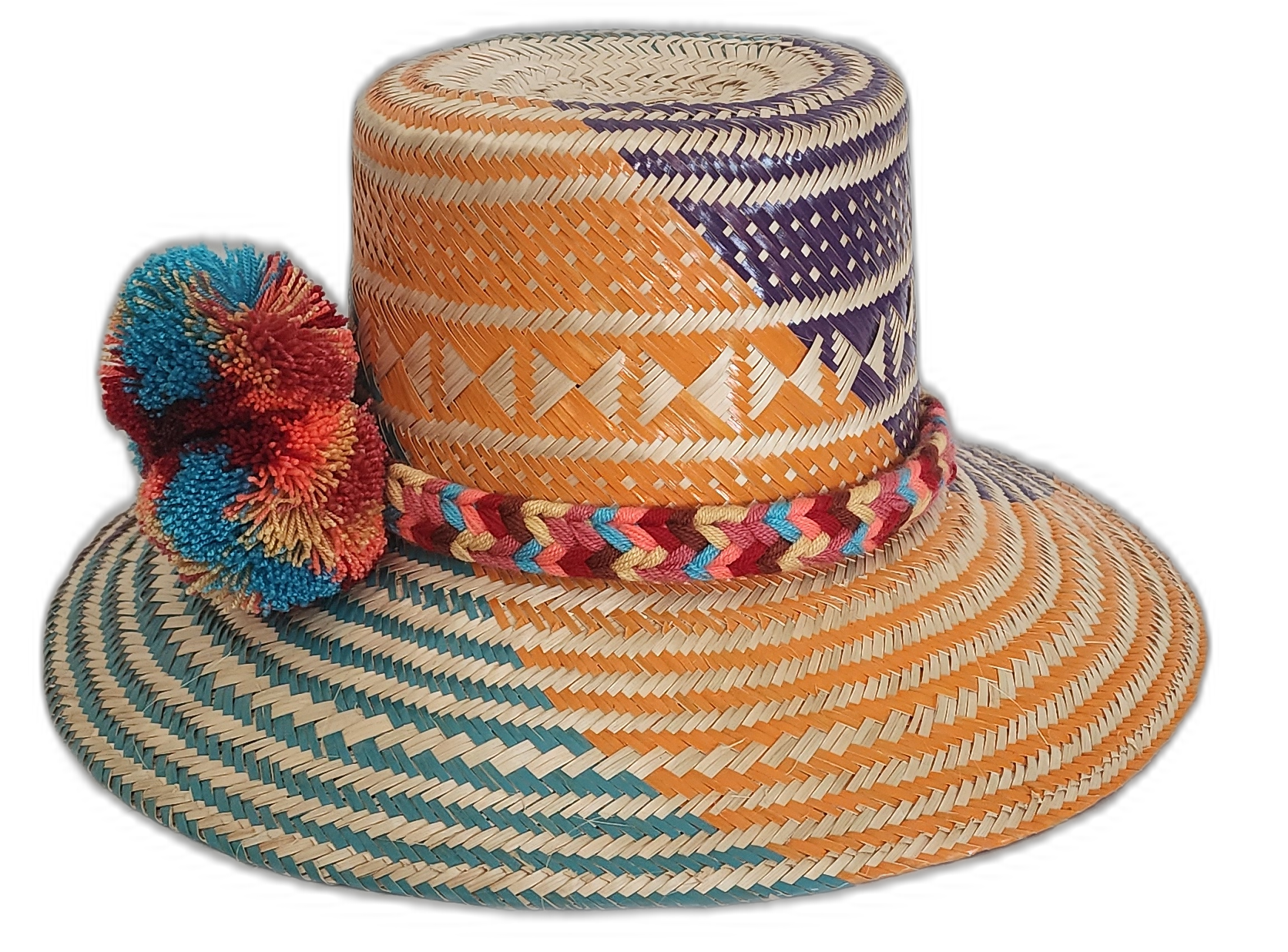 Boho hat featuring bright pompoms in red, blue, and orange