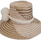 Colorful Boho straw hat, crafted from Iraca palm, featuring cream pompoms and soft beige-light brown details.

