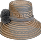 Colorful Boho straw hat, crafted from Iraca palm, featuring soft gray pompoms and beige-gray accents.

