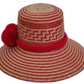 Colorful Boho straw hat, crafted from Iraca palm, featuring red pompoms and bold red-beige weave.

