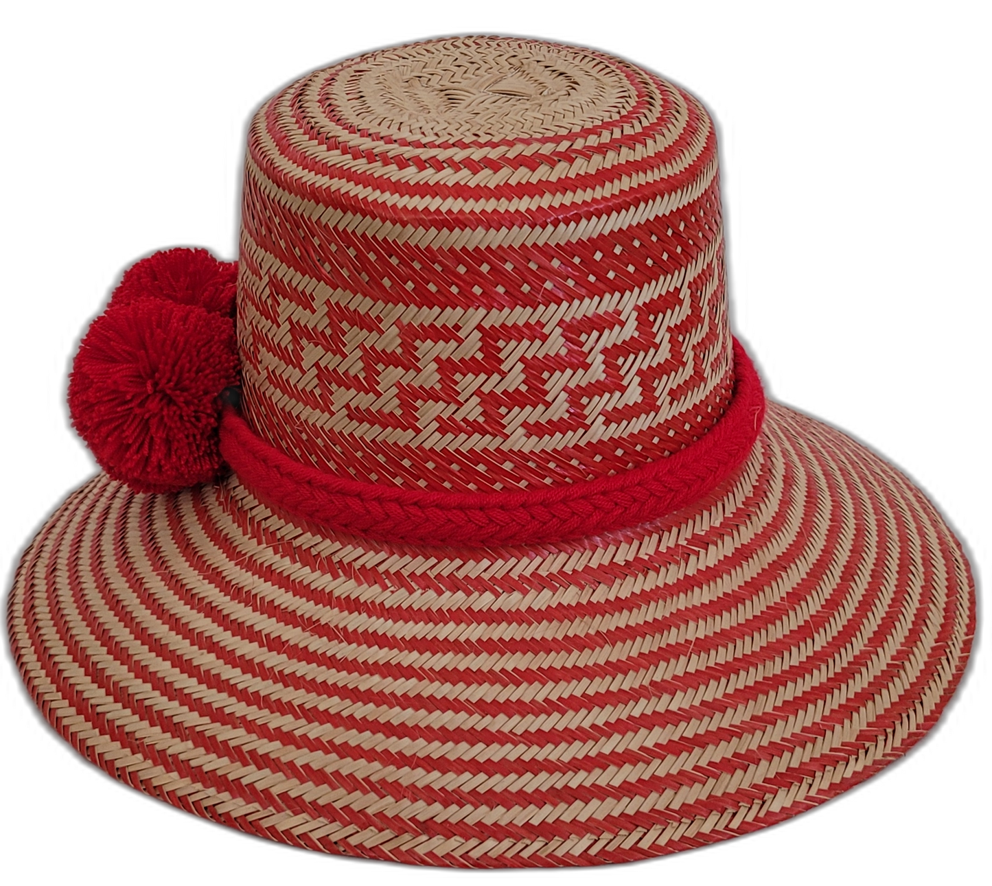 Colorful Boho straw hat, crafted from Iraca palm, featuring red pompoms and bold red-beige weave.

