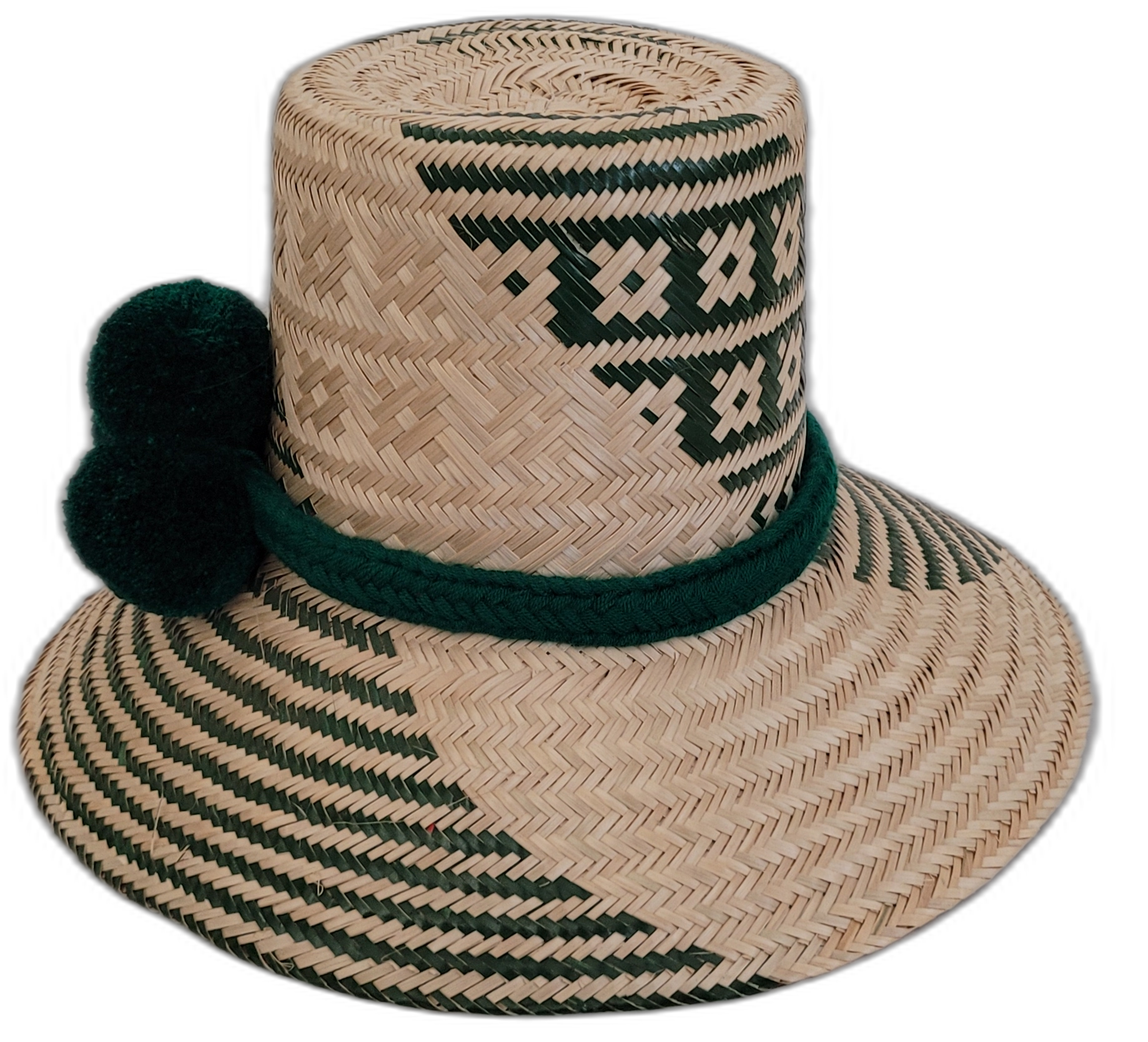 Colorful Boho straw hat, crafted from Iraca palm, featuring green and beige weave with handmade pompoms.