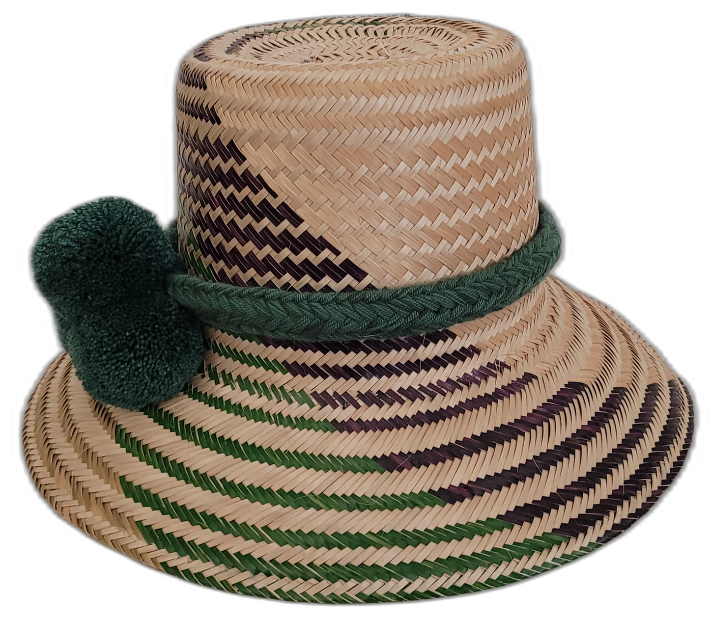 Colorful Boho straw hat, crafted from Iraca palm, featuring deep green pompoms and green-purple beige accents.

