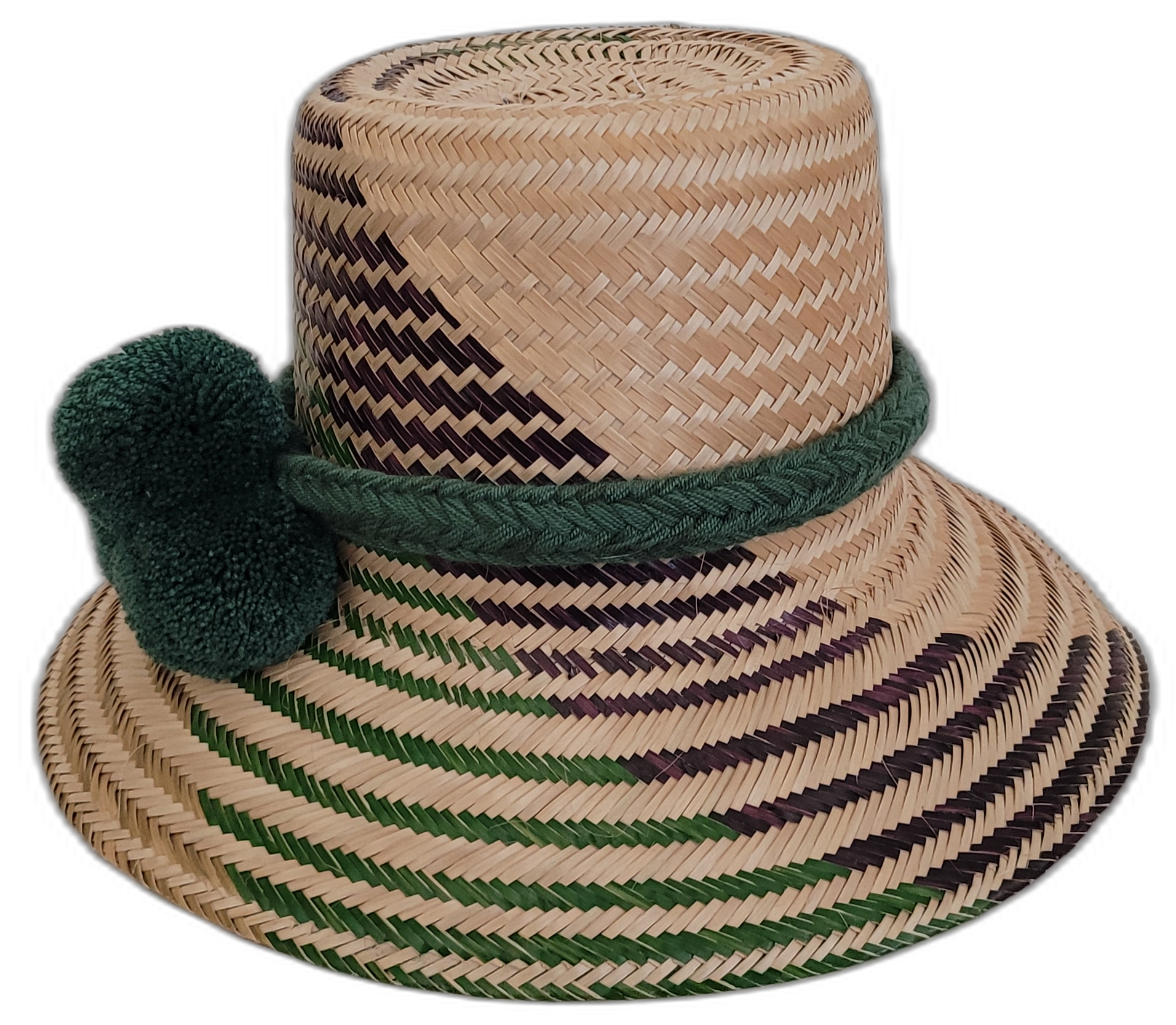 Colorful Boho straw hat, crafted from Iraca palm, featuring deep green pompoms and green-purple beige accents.

