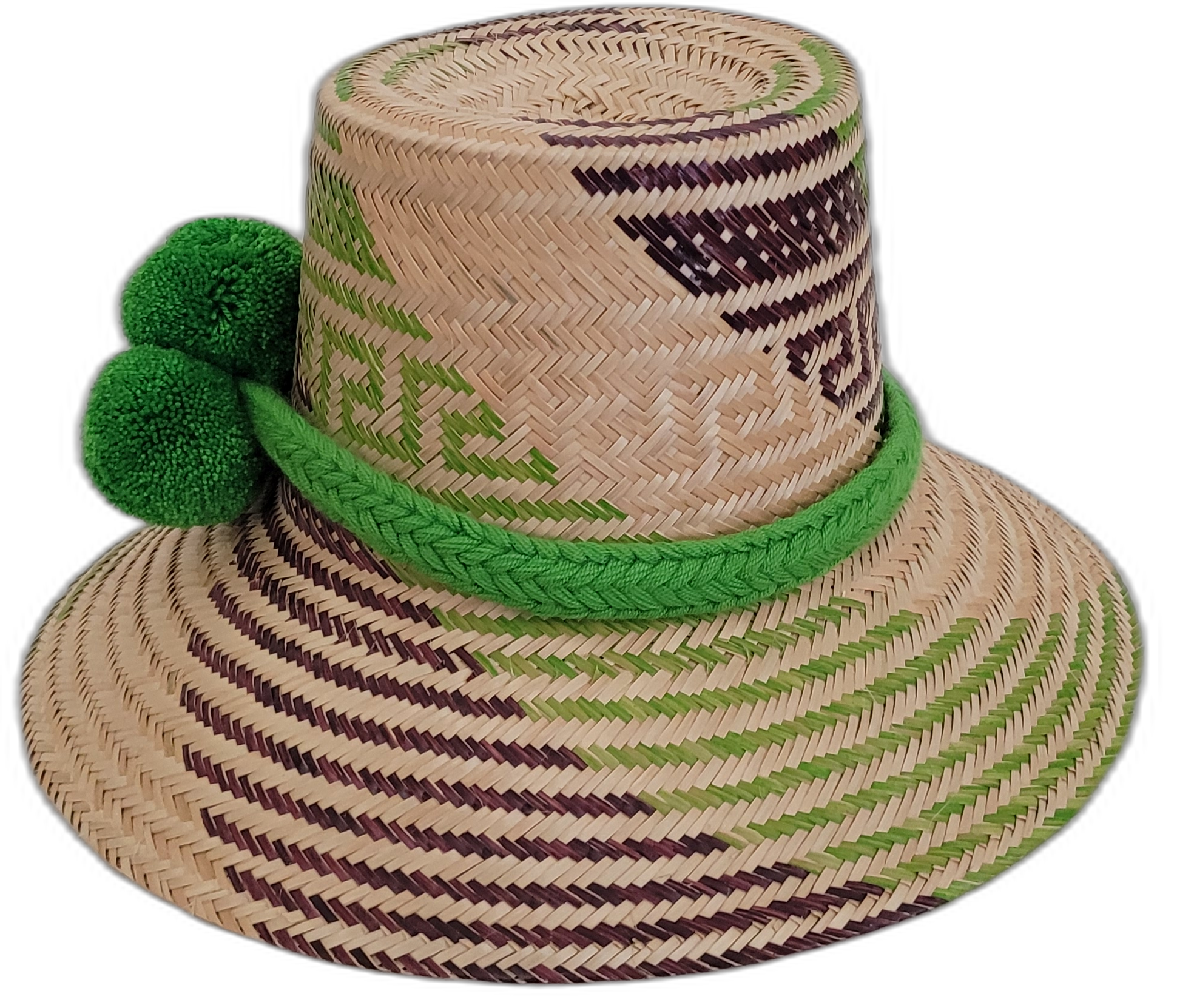 Colorful Boho straw hat, crafted from Iraca palm, featuring green pompoms and green-purple-beige weave.


