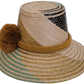 Colorful Boho straw hat, crafted from Iraca palm, featuring golden brown pompoms and mint-gold beige accents.

