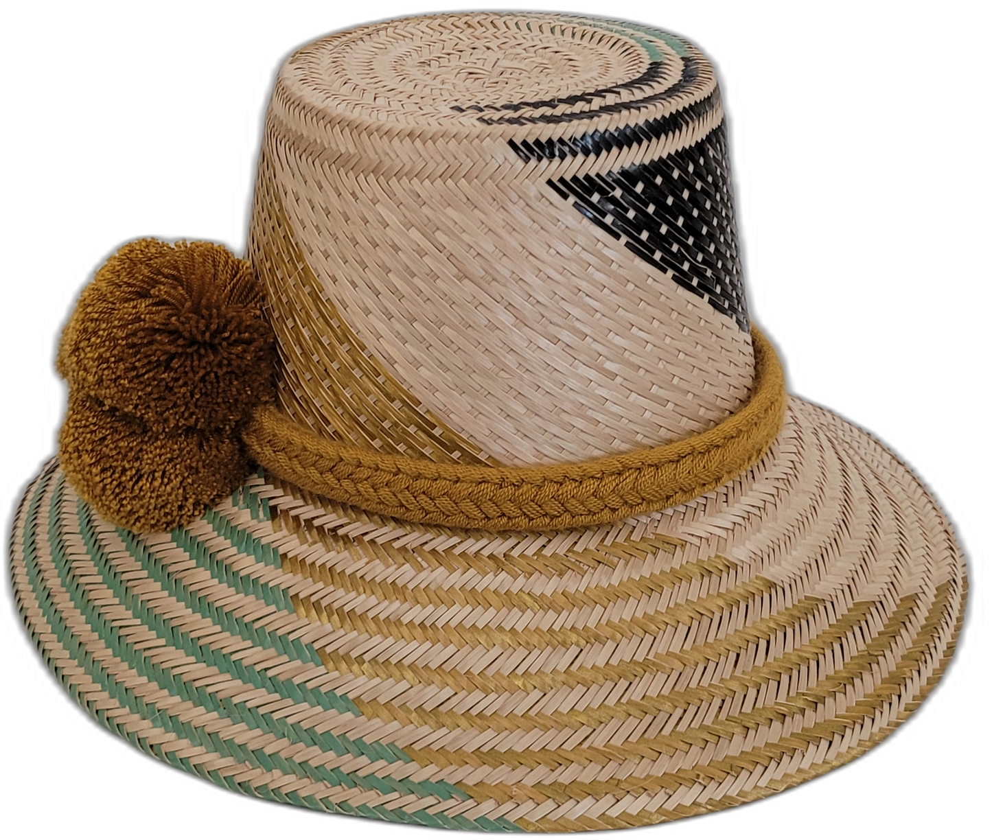Colorful Boho straw hat, crafted from Iraca palm, featuring golden brown pompoms and mint-gold beige accents.

