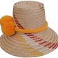 Colorful Boho straw hat, crafted from Iraca palm, featuring orange pompoms and yellow-red weave.

