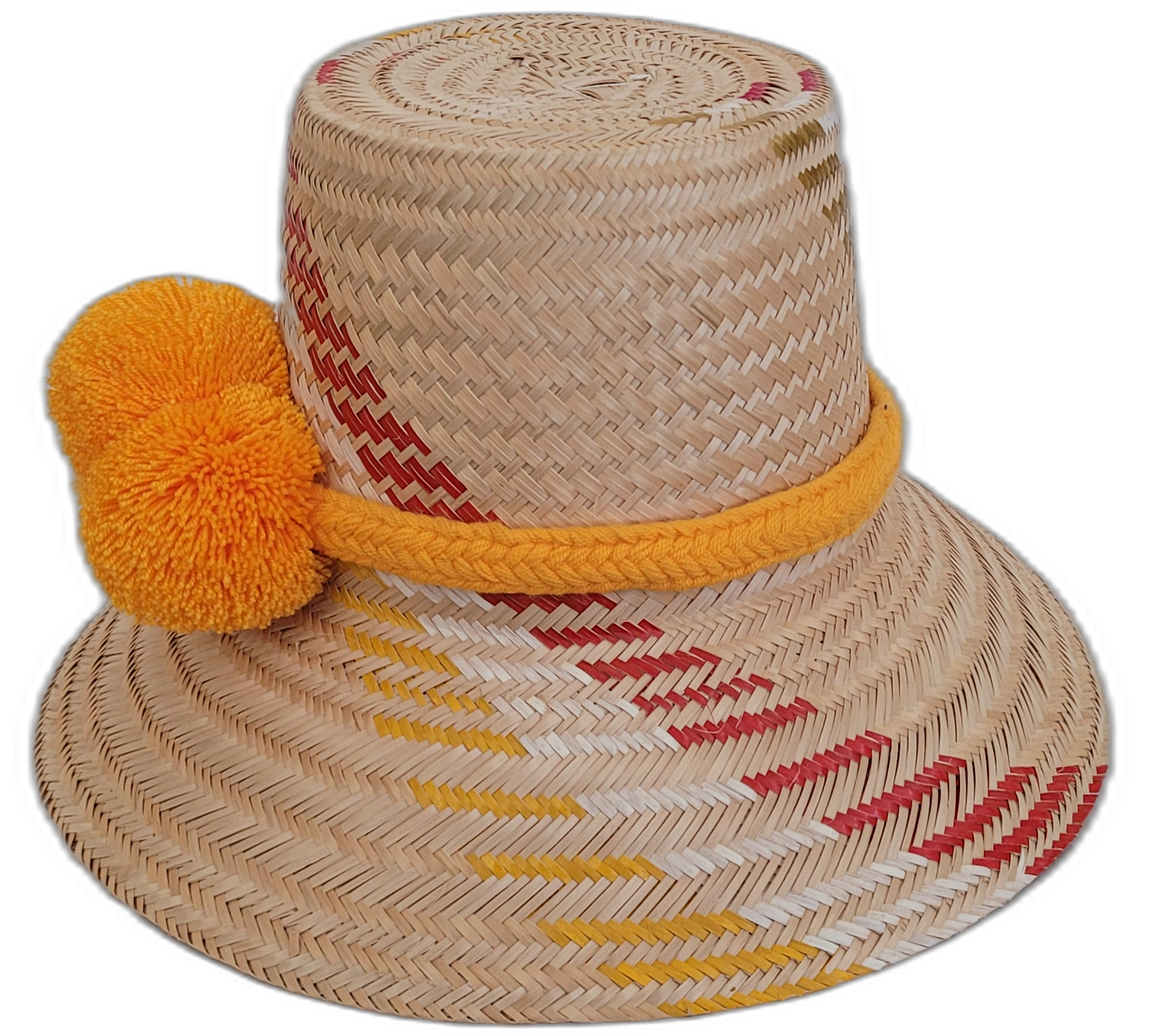 Colorful Boho straw hat, crafted from Iraca palm, featuring orange pompoms and yellow-red weave.

