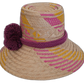 Colorful Boho straw hat, crafted from Iraca palm, featuring pink, yellow, and purple weave and handmade pompoms.