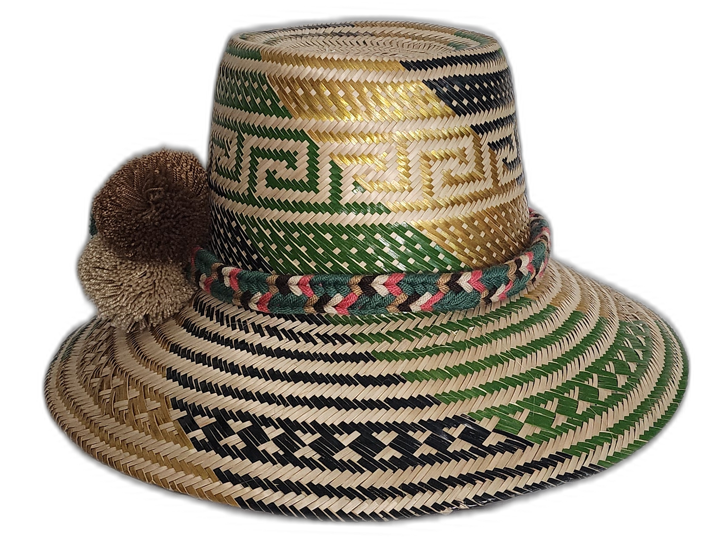 Boho Chick artisan hat in natural straw with green and gold accents