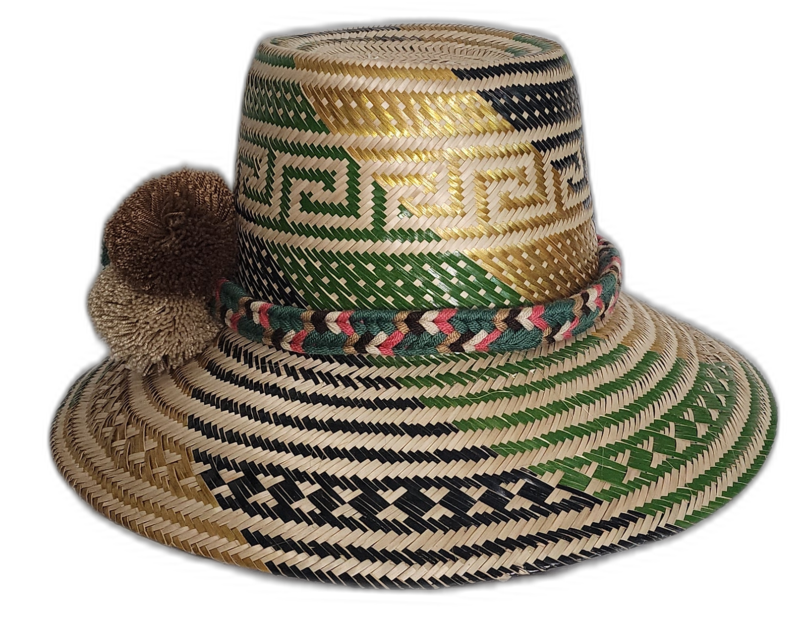 Boho Chick artisan hat in natural straw with green and gold accents