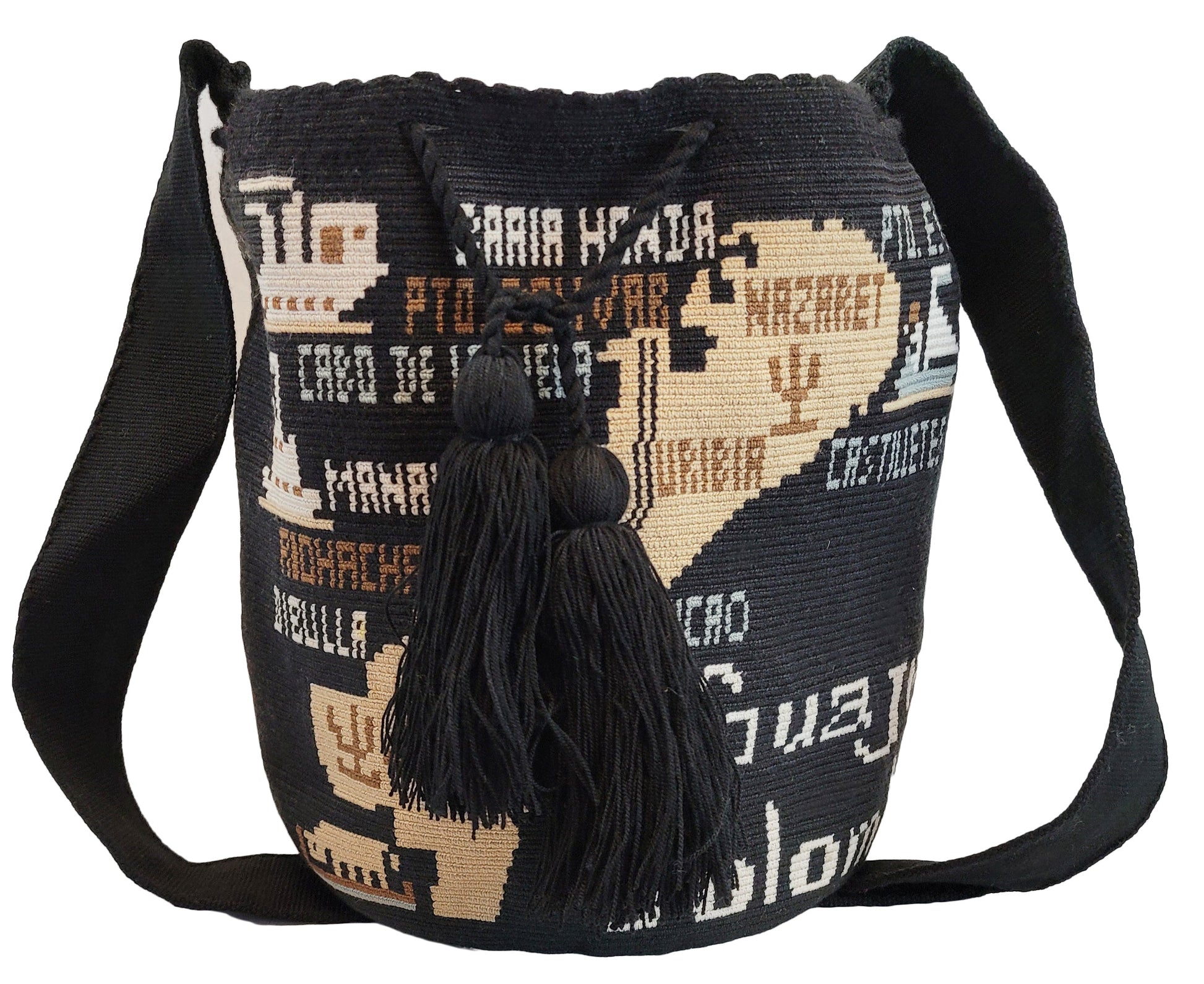 Boho-chick Wayuu bag showcasing woven names and map details in bold handcrafted style.