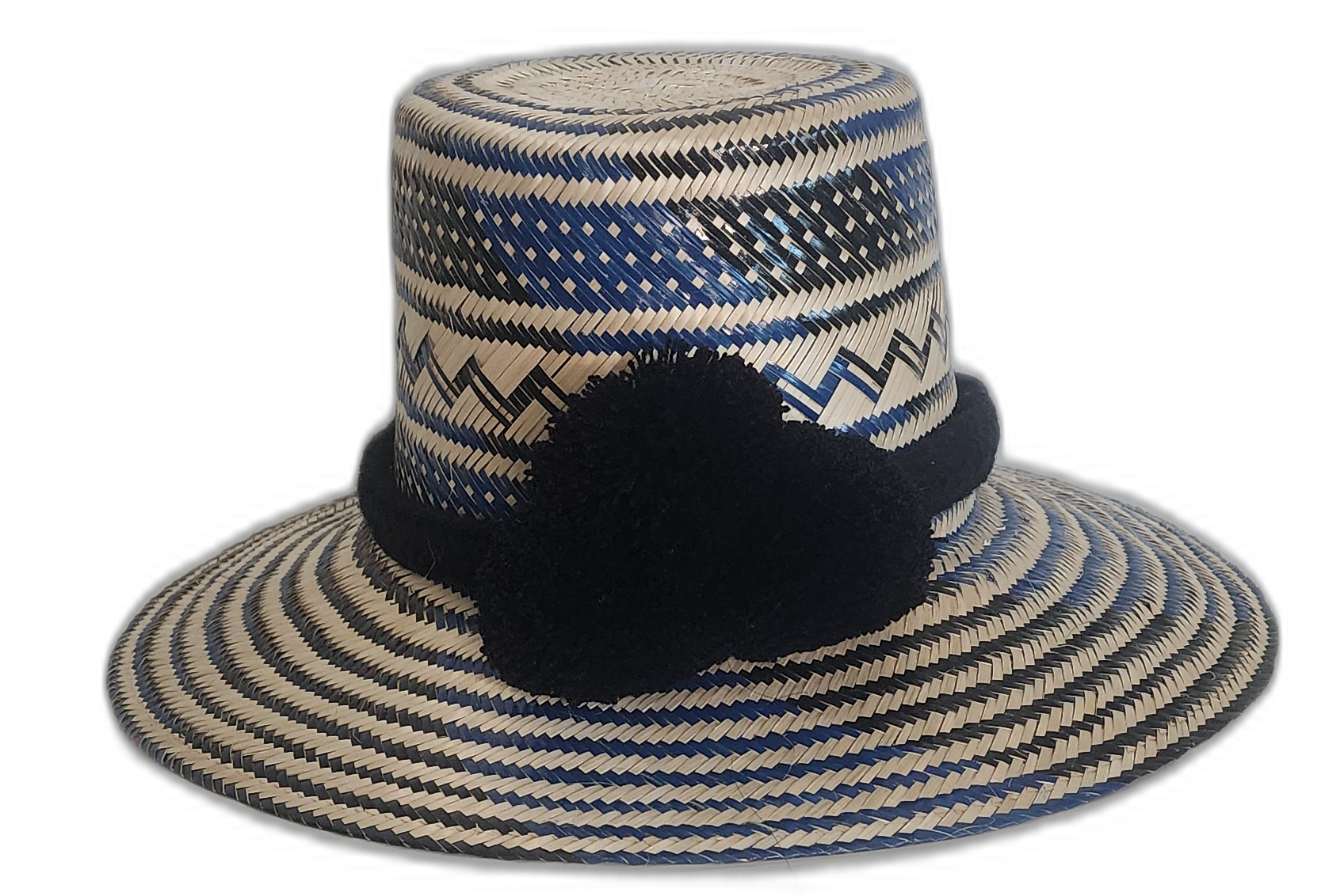 Bohemian straw hat with black and blue geometric patterns