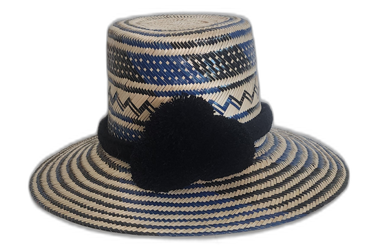 Bohemian straw hat with black and blue geometric patterns