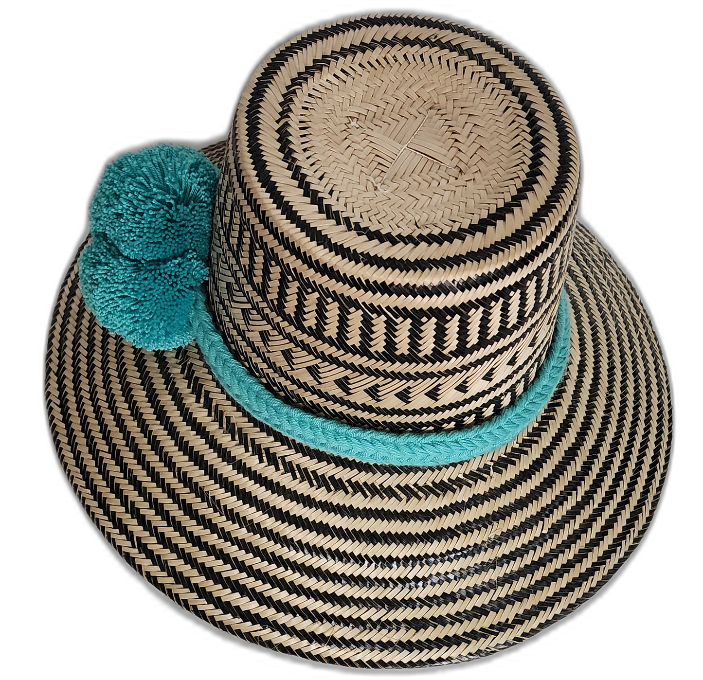Boho Wayuu hat with geometric black weave and vibrant blue-green accents