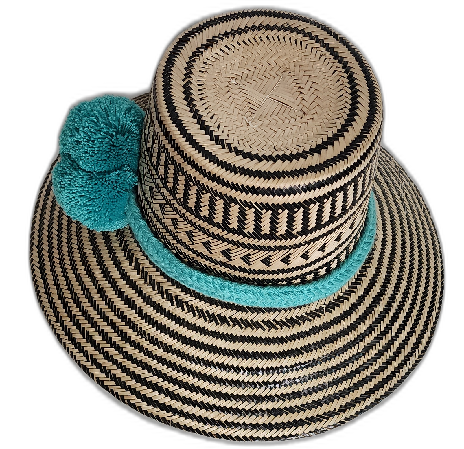 Boho Wayuu hat with geometric black weave and vibrant blue-green accents