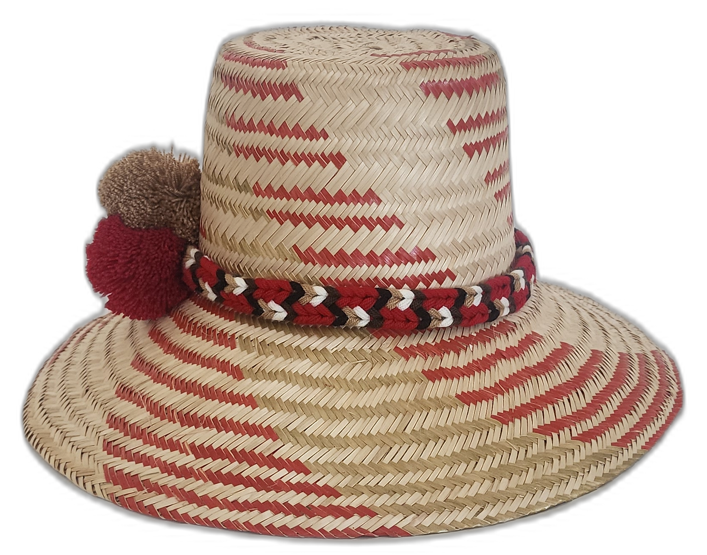 Boho Chick hat with braided band and colorful pompoms in earthy tones.Bohemian straw hat featuring red, ivory, and brown color details


