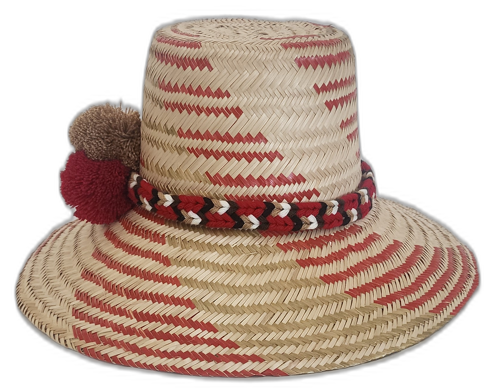 Boho Chick hat with braided band and colorful pompoms in earthy tones.Bohemian straw hat featuring red, ivory, and brown color details

