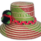 Boho straw hat with artisan green and red weave, black crown band and pompoms