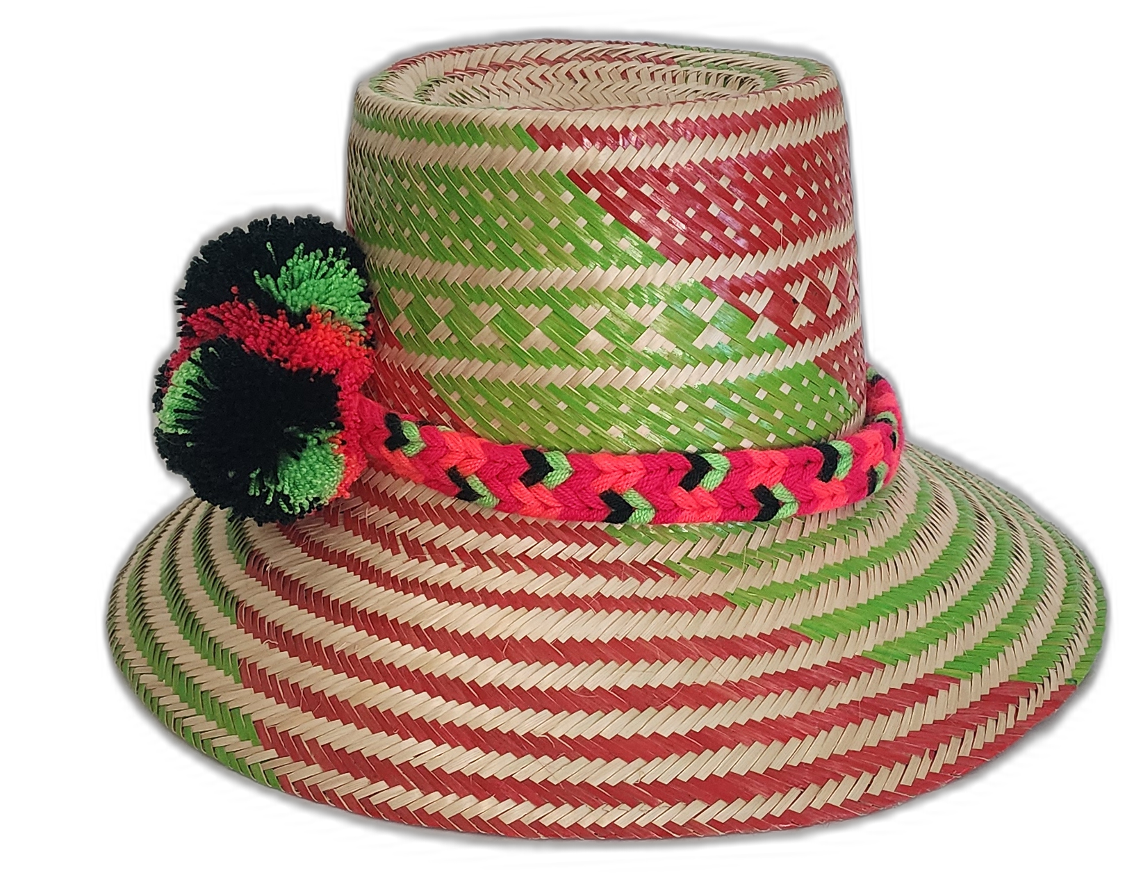 Boho straw hat with artisan green and red weave, black crown band and pompoms