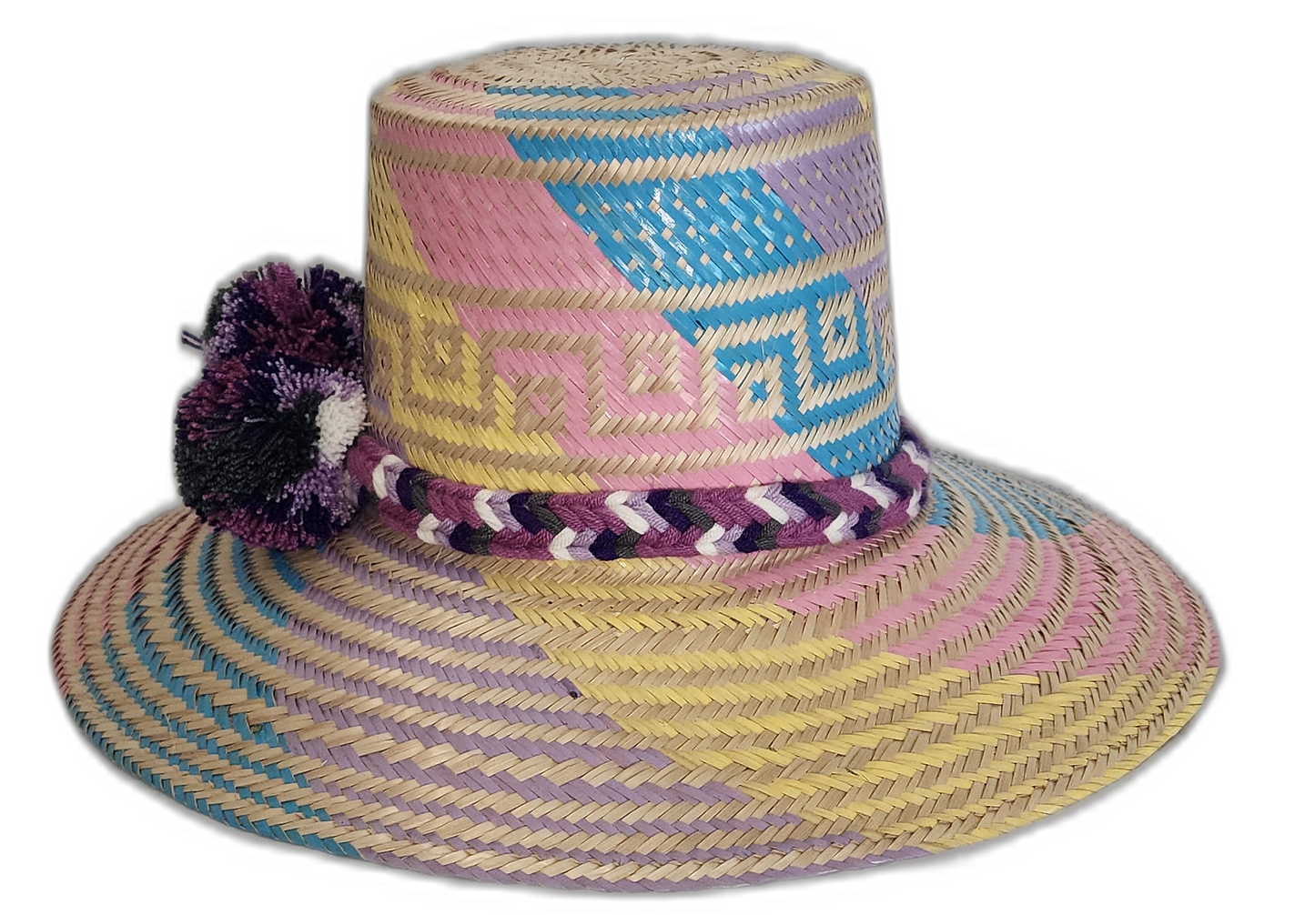 .Boho Wayuu hat with braided crown band and purple, black, and cream pompoms

