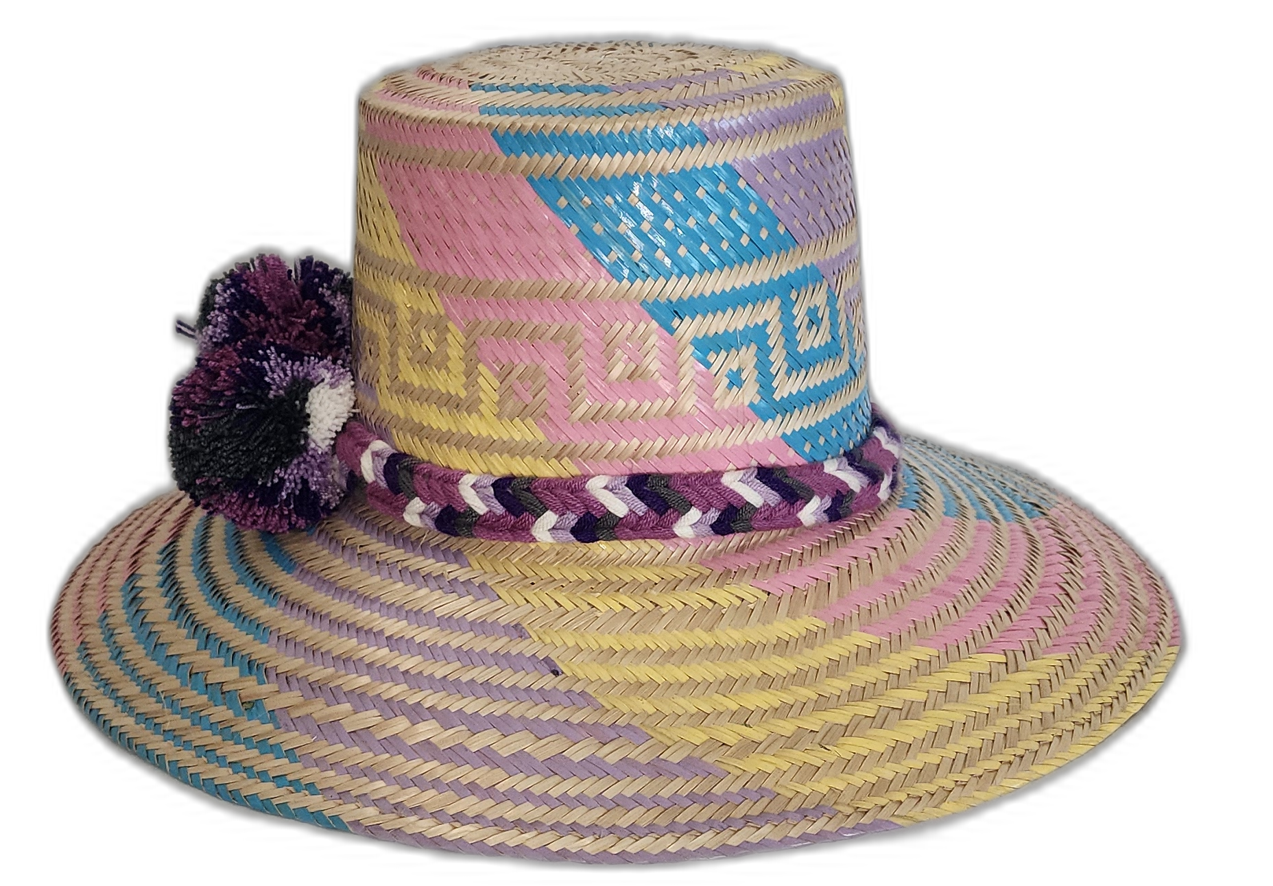 .Boho Wayuu hat with braided crown band and purple, black, and cream pompoms


