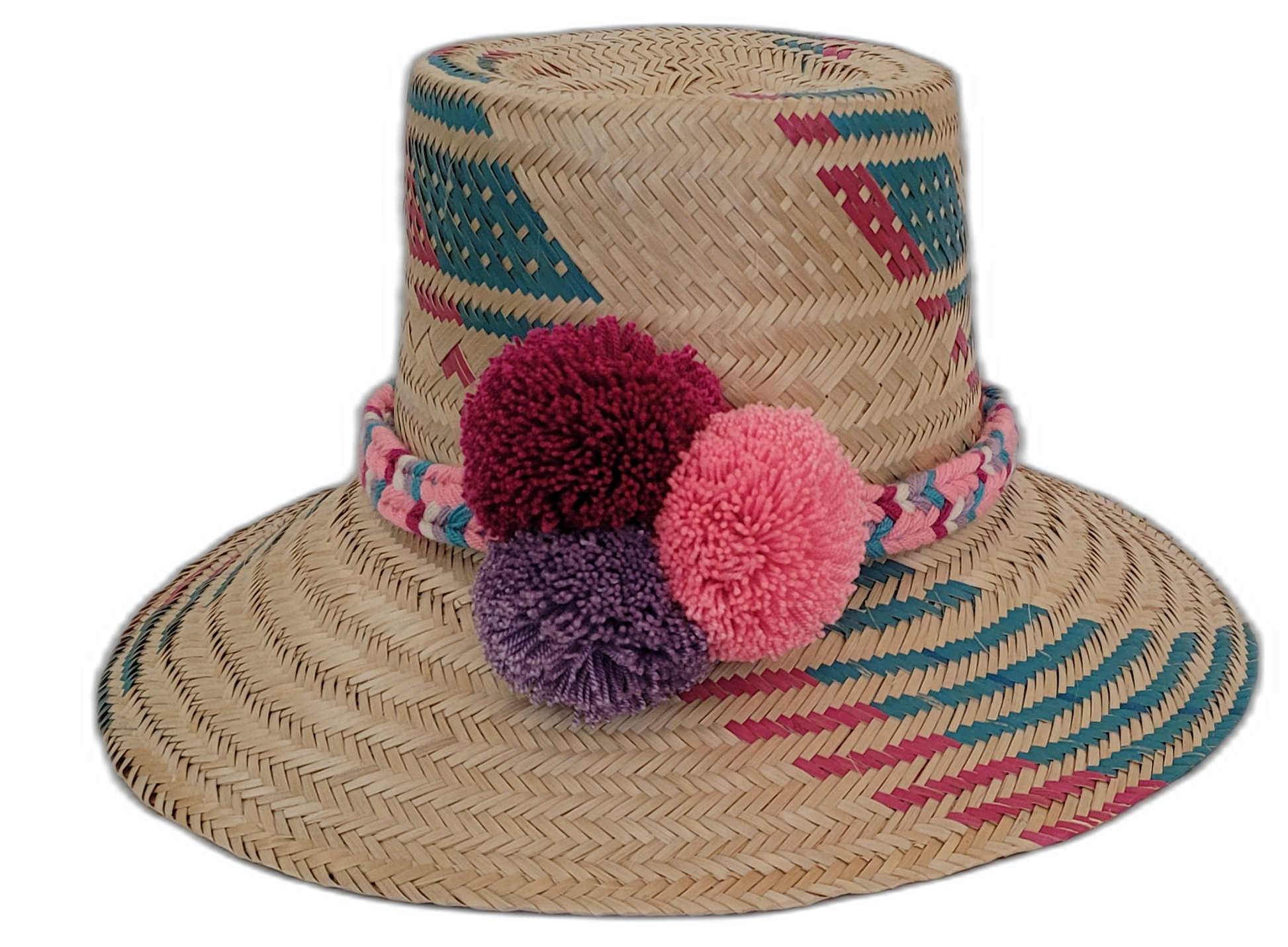 Boho Chic handmade Wayuu straw hat with colorful pompoms