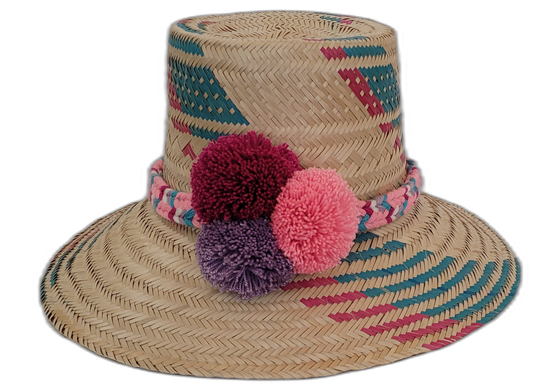 Boho Chic handmade Wayuu straw hat with colorful pompoms