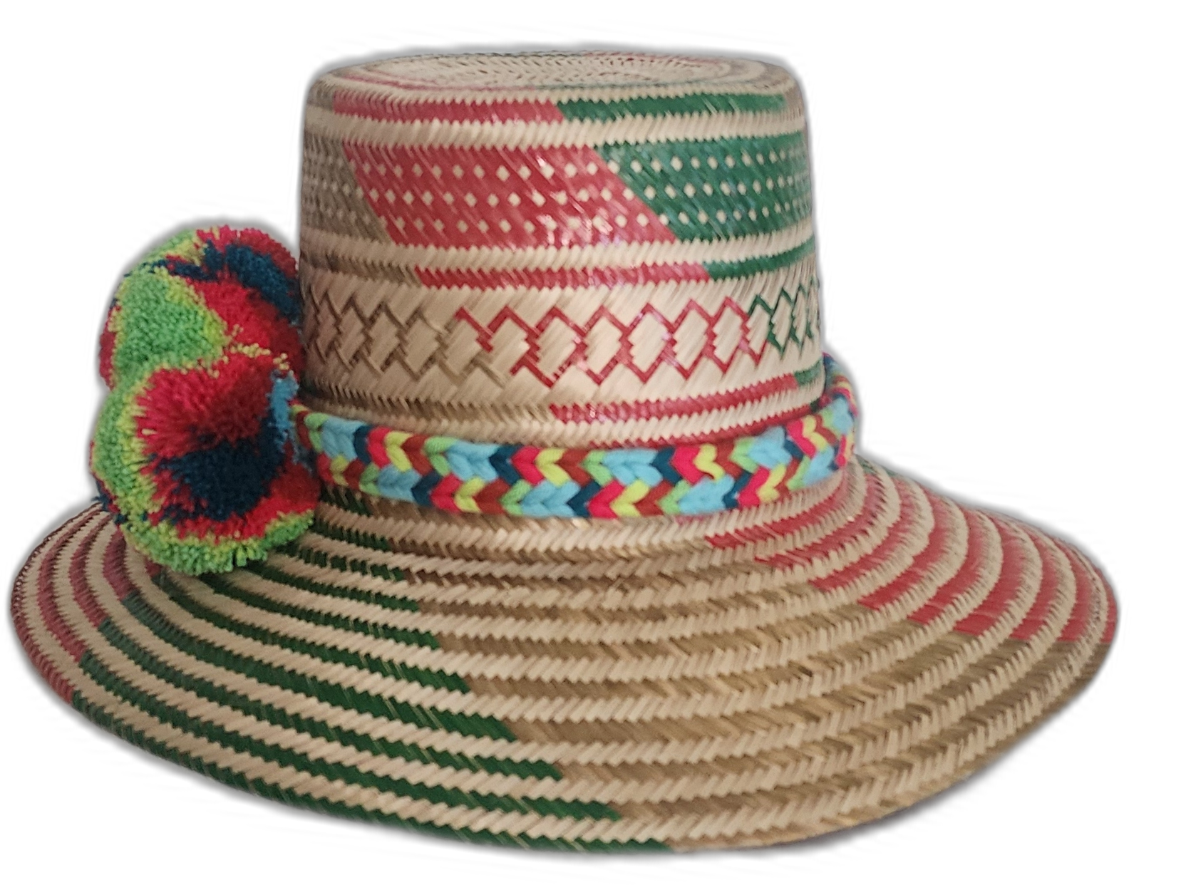 Natural Iraca palm hat with colorful design and red, blue, and green pompoms in boho colors

