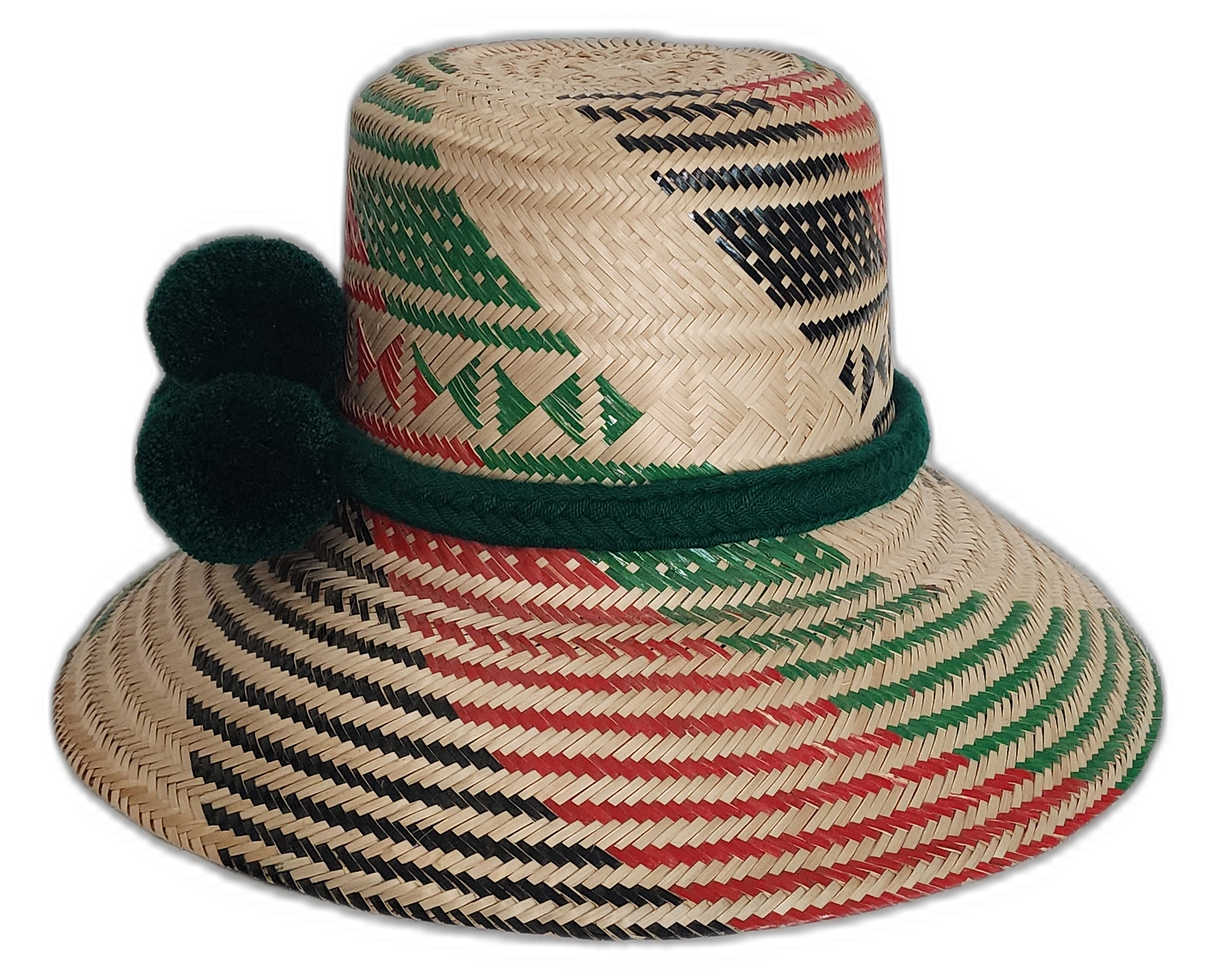 Natural palm Boho hat featuring red and green pattern with dark green trim.Bohemian straw hat with forest green braided band and deep green pompom trio

