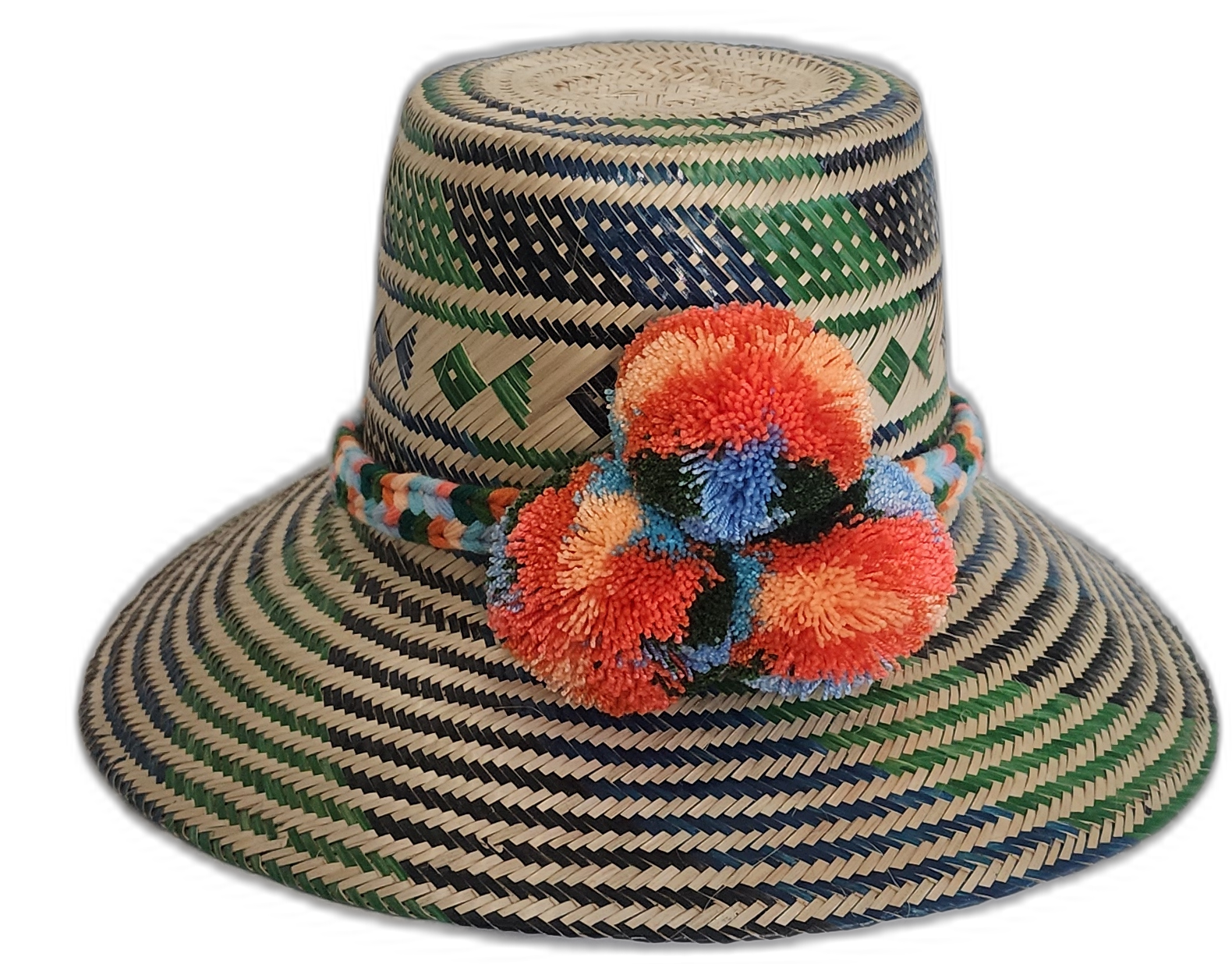 Handmade Wayuu straw hat with green, blue geometric pattern and orange pompoms.Bohemian straw hat with bright pompoms and tribal diamond designs

