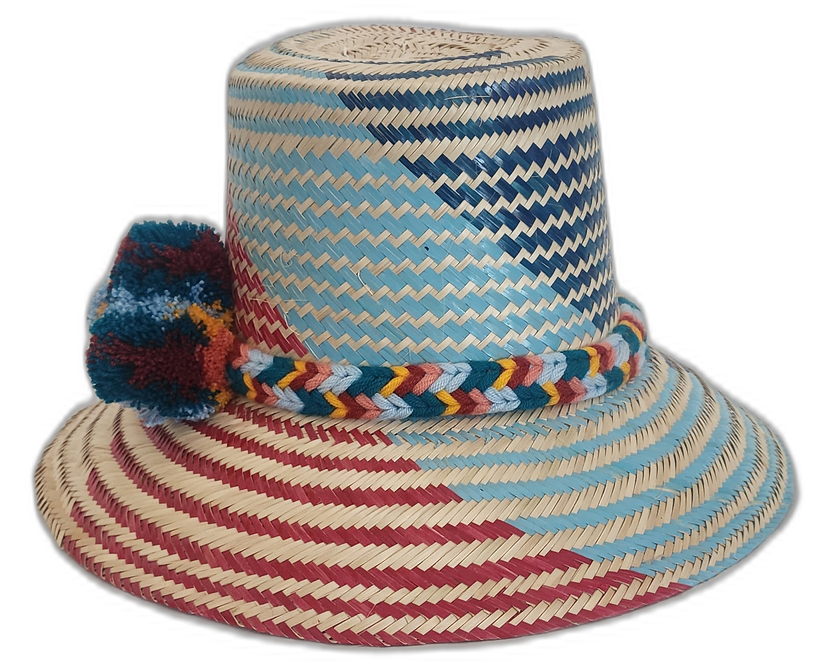 Natural straw Boho hat with burgundy, blue, and yellow pompom and band.Boho straw hat with diagonal artisan design and braided crown band

