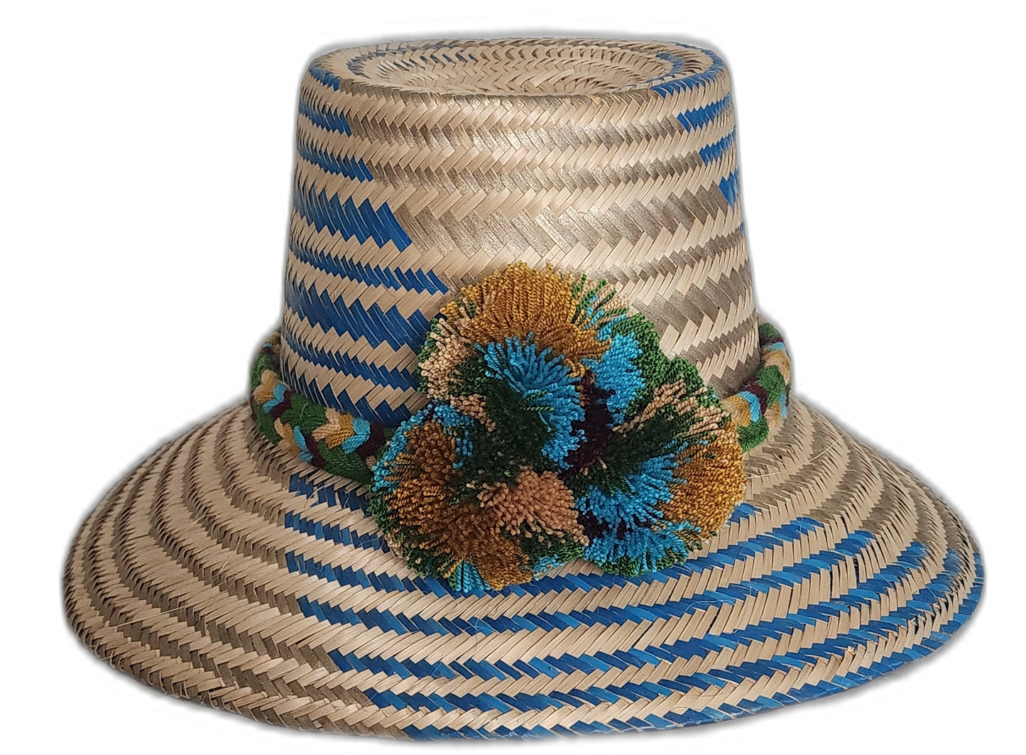 Handmade Wayuu straw hat with blue and earth-toned pompoms
