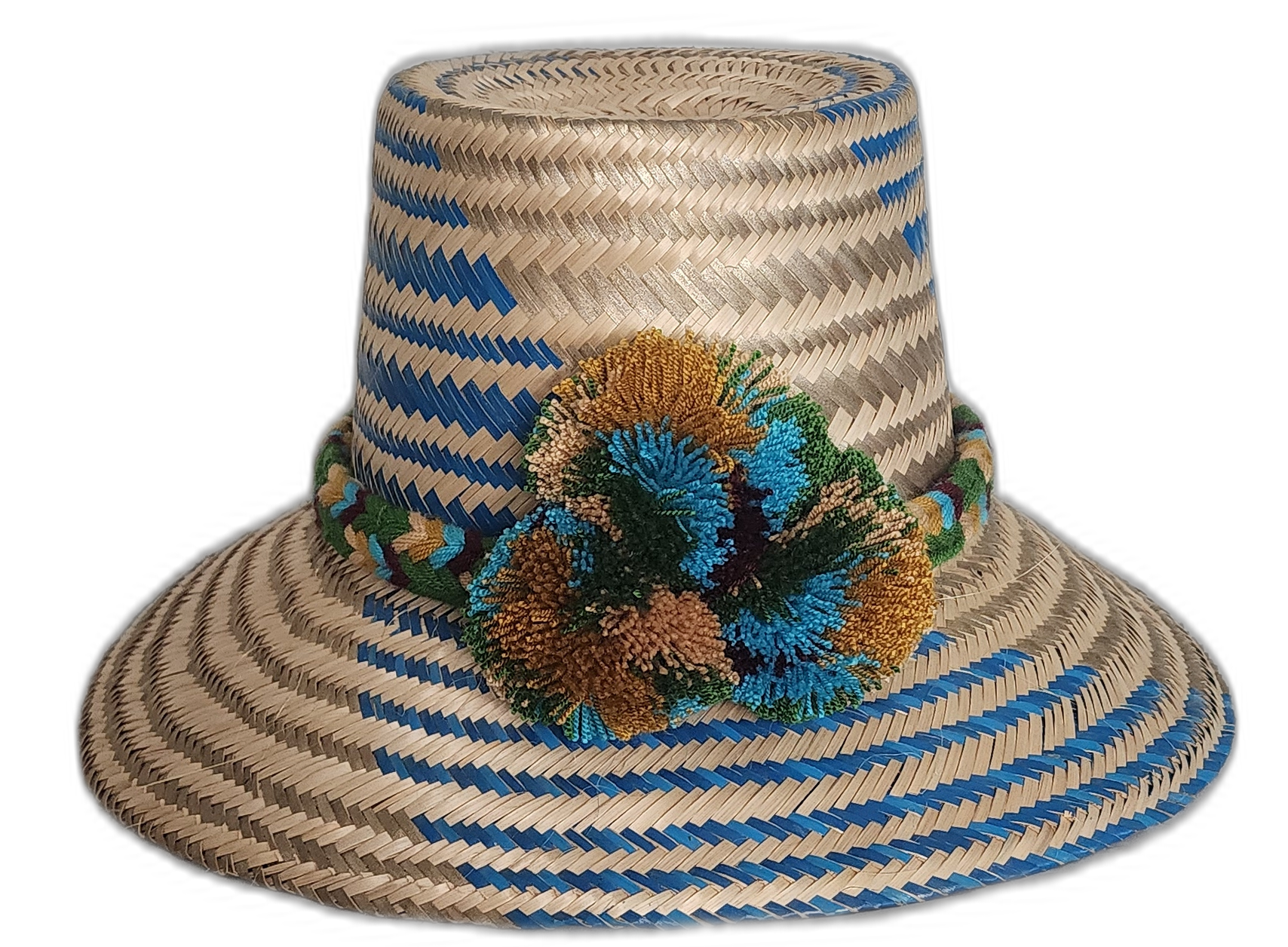 Handmade Wayuu straw hat with blue and earth-toned pompoms