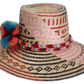 Boho straw hat with multicolor pompoms in sky blue, orange, and maroon