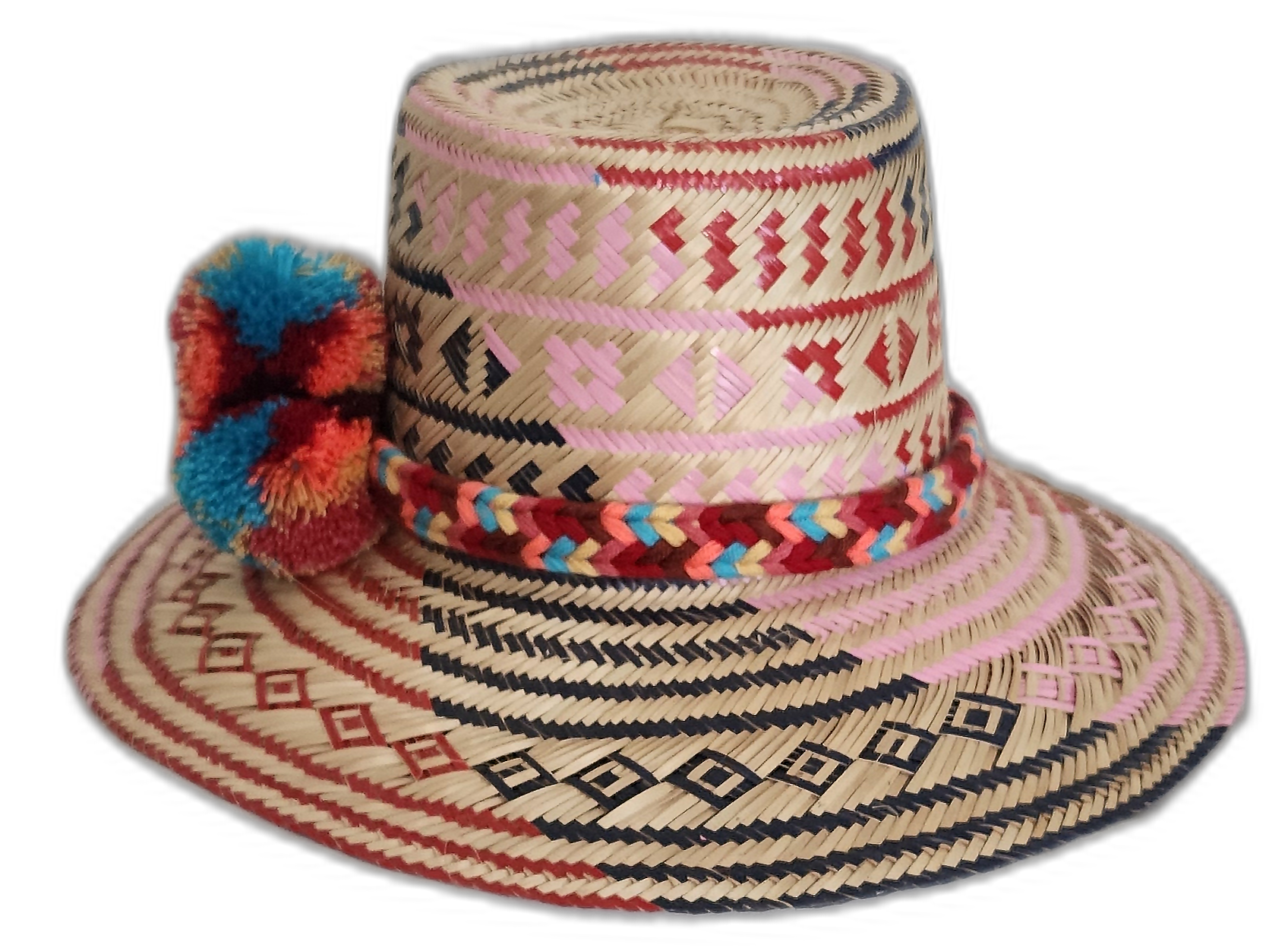Boho straw hat with multicolor pompoms in sky blue, orange, and maroon