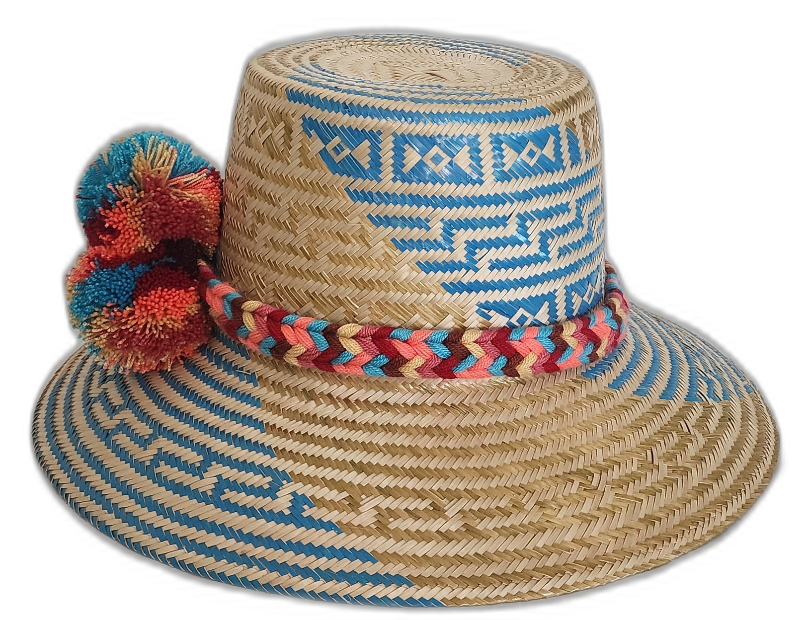 Boho hat with Iraca palm weave and pompoms in orange, blue, red, and yellow