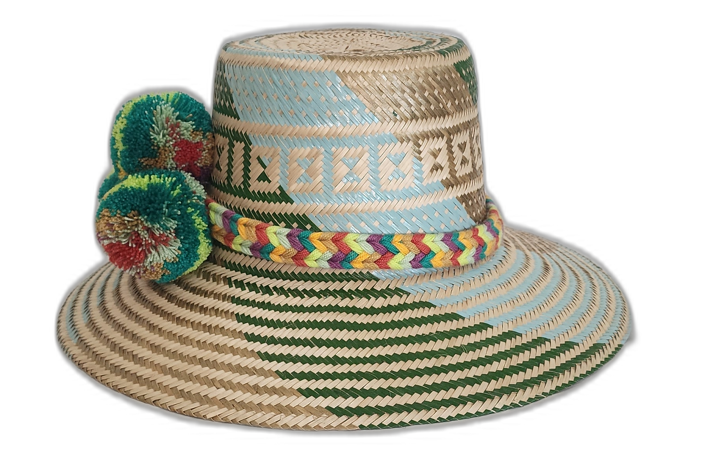 Boho hat featuring tribal weave and rainbow-colored artisan pompoms