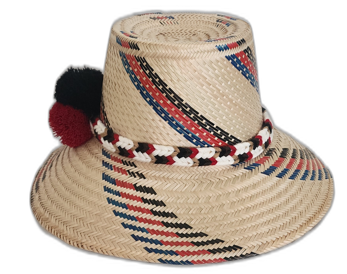 Artisan boho hat featuring black, white, and red pompoms