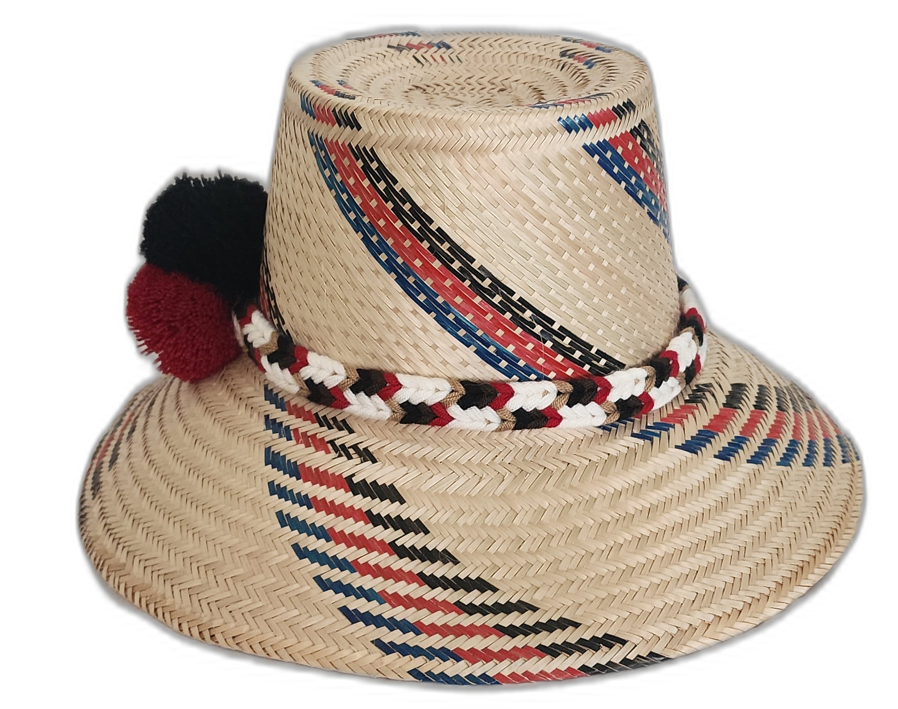 Artisan boho hat featuring black, white, and red pompoms