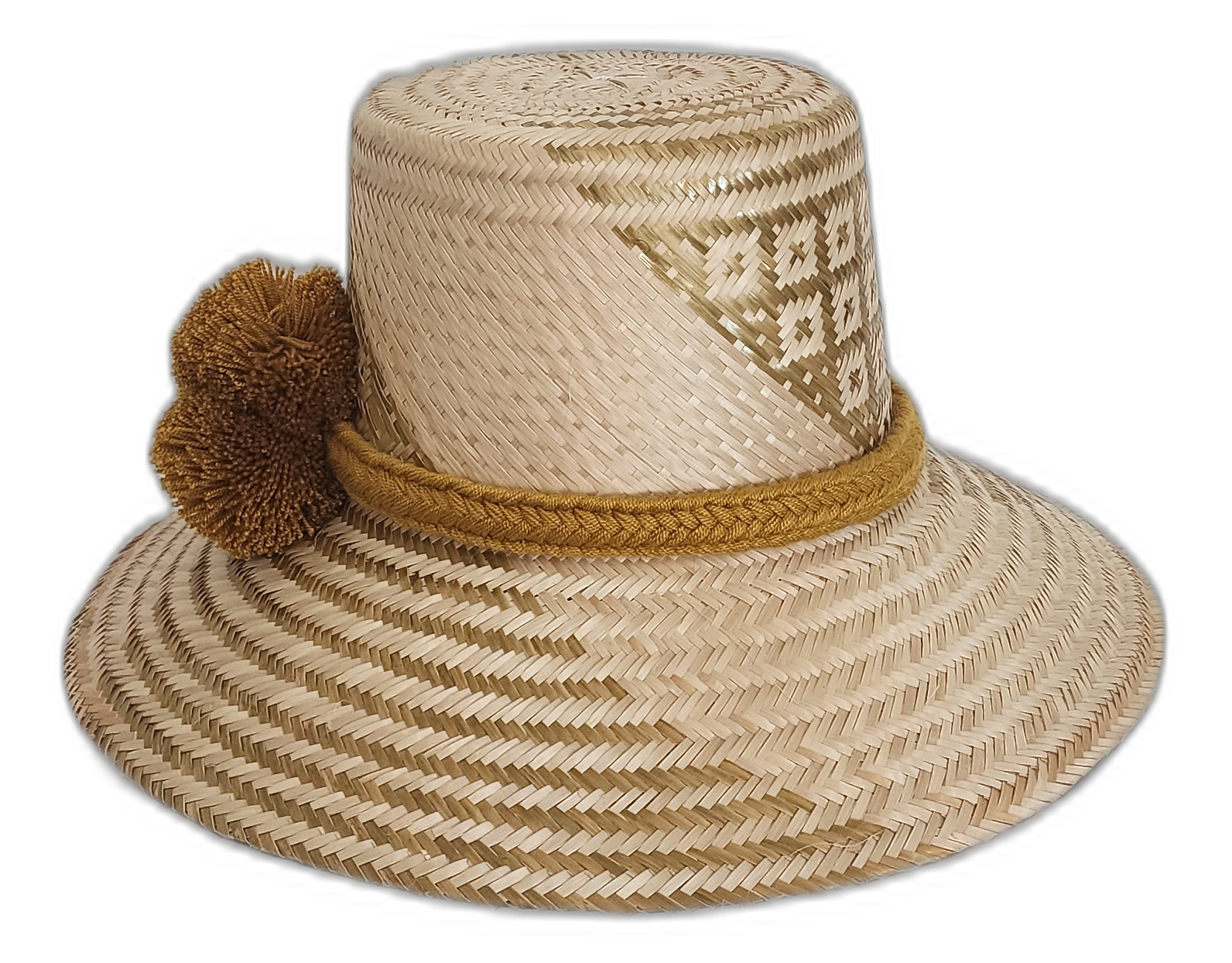 Natural straw Wayuu hat with soft olive patterns and brown pompom accents