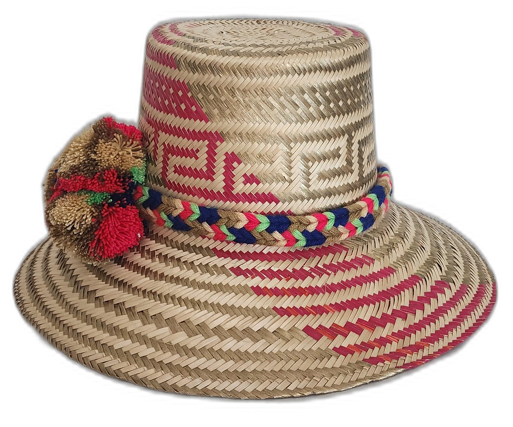 Artisan boho hat featuring tribal weave and tan, red, green pompoms