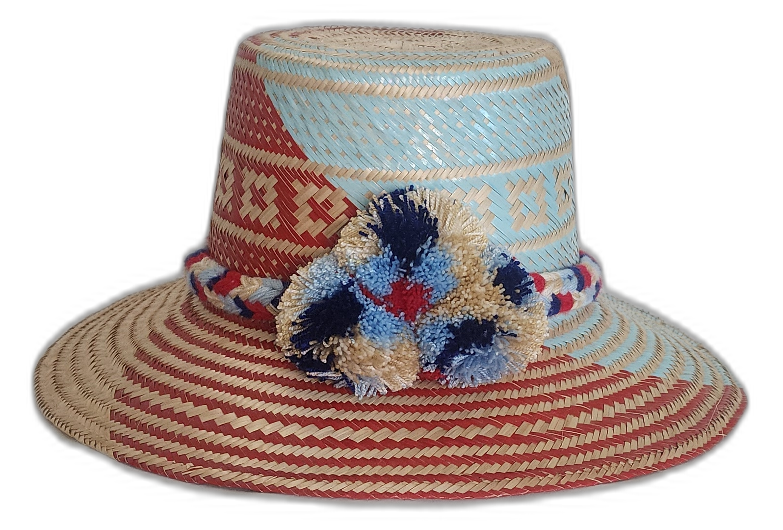 Handmade Wayuu straw hat with red and light blue weave
